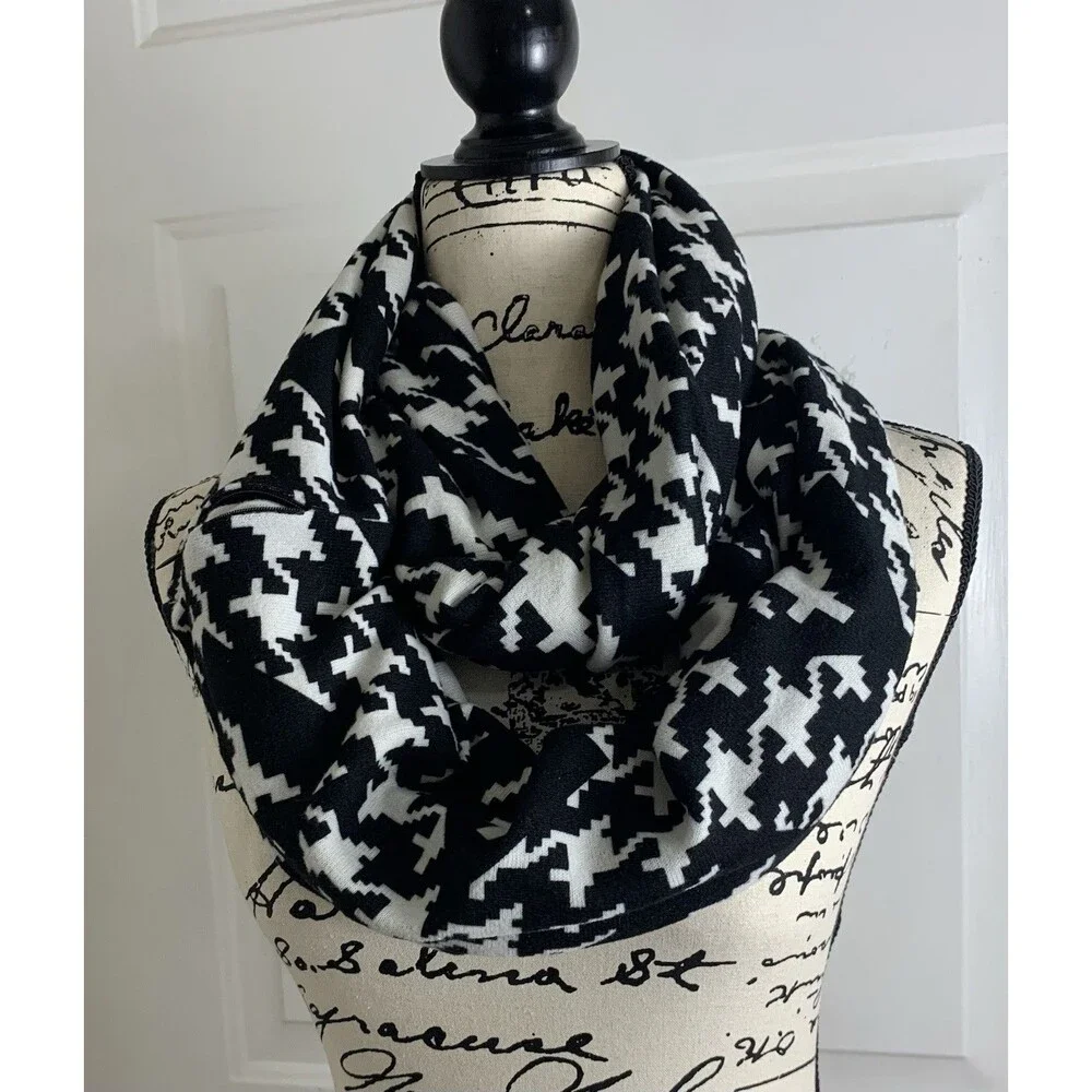 Black & White Infinity Scarf  Cowl Houndstooth w/ Zip Pocket 2 Chic